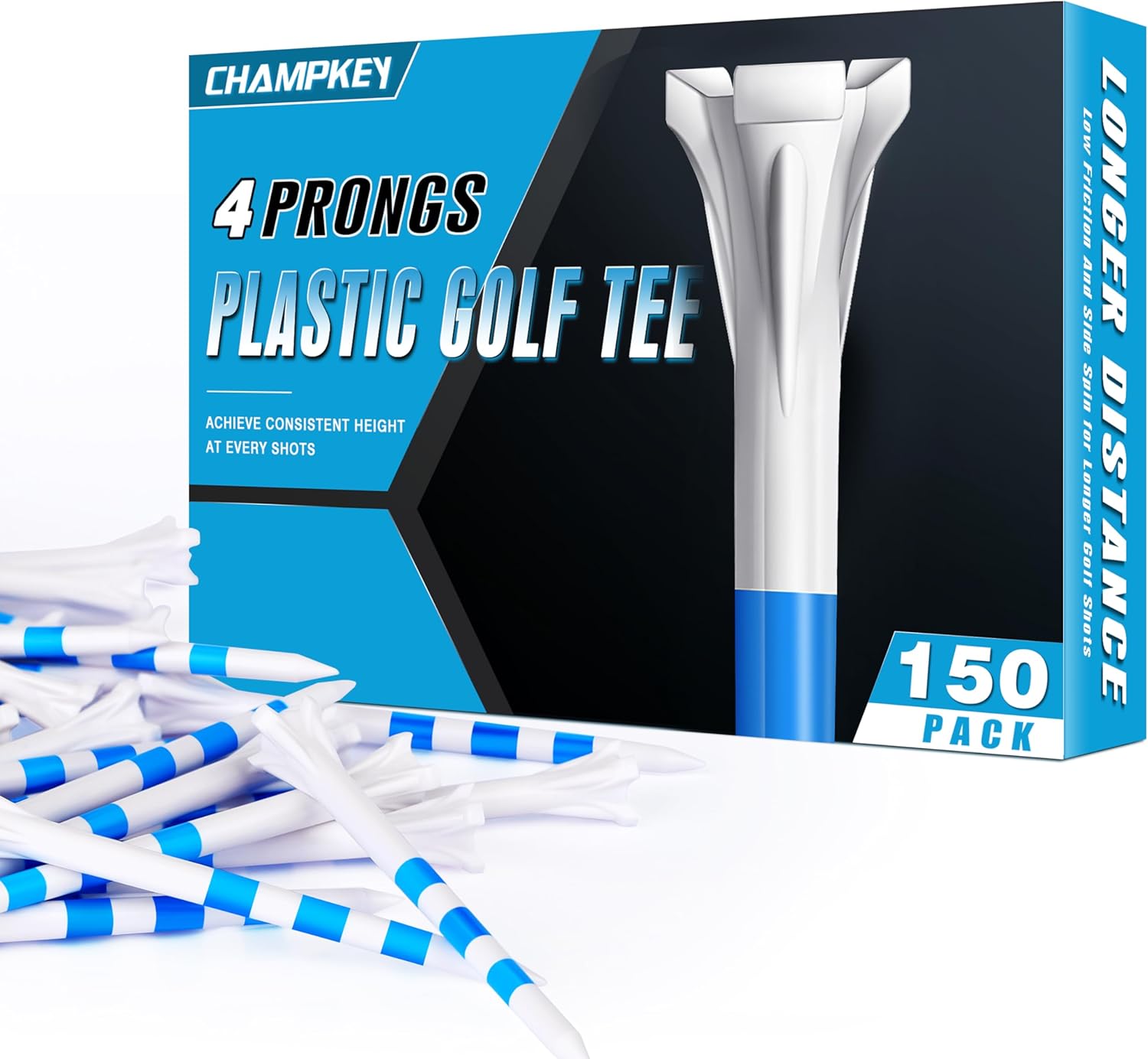 CHAMPKEY PRO 4-Prong Plastic Golf Tees 150 Pack - 70% Ball Contact Reduced for Less Friction and Maximum Distance Performance Golf Tees Plastic
