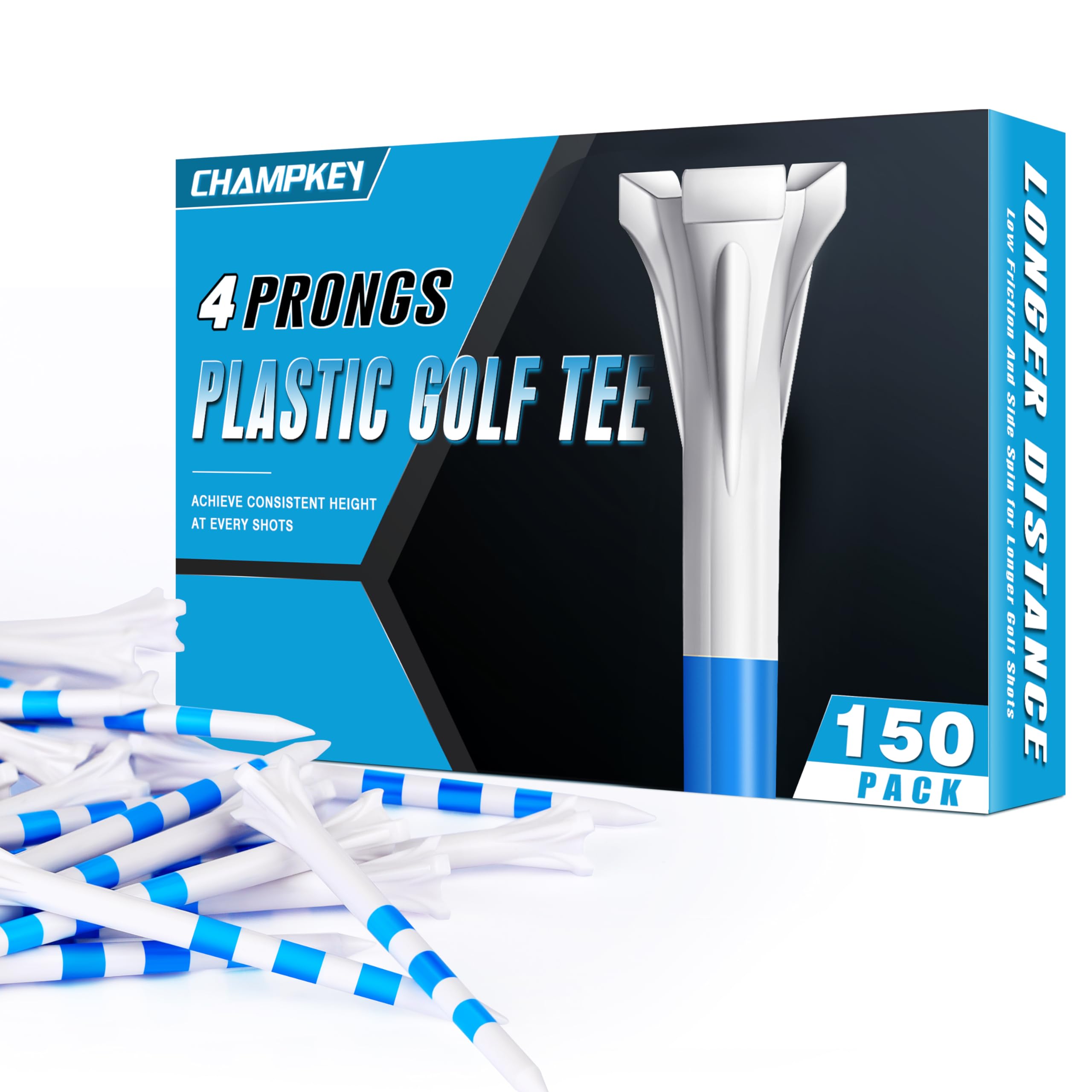 CHAMPKEY PRO 4-Prong Plastic Golf Tees 150 Pack - 70% Ball Contact Reduced for Less Friction and Maximum Distance Performance Golf Tees Plastic