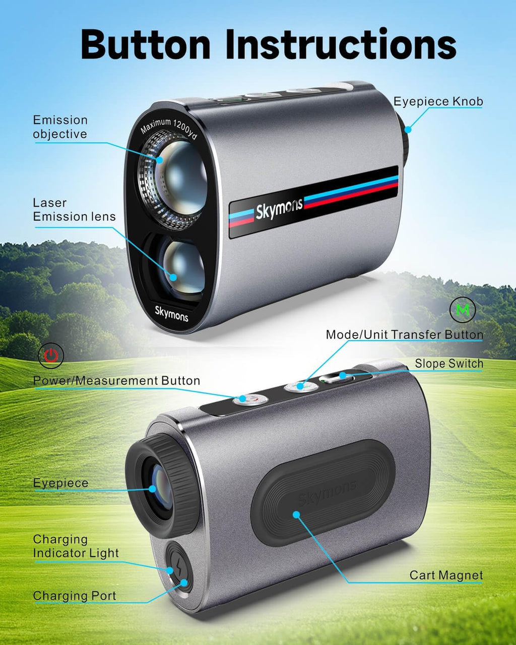 Mini Metal Golf RangeFinder with Slope,1200Y Range Finder, 0.3s Flagpole Locking Vibration, 7X Magnification, 95%Transmission Lens,Flag Pole Lock Vibration,Strong Magnet&Rechargeable Golf Rangefinder.