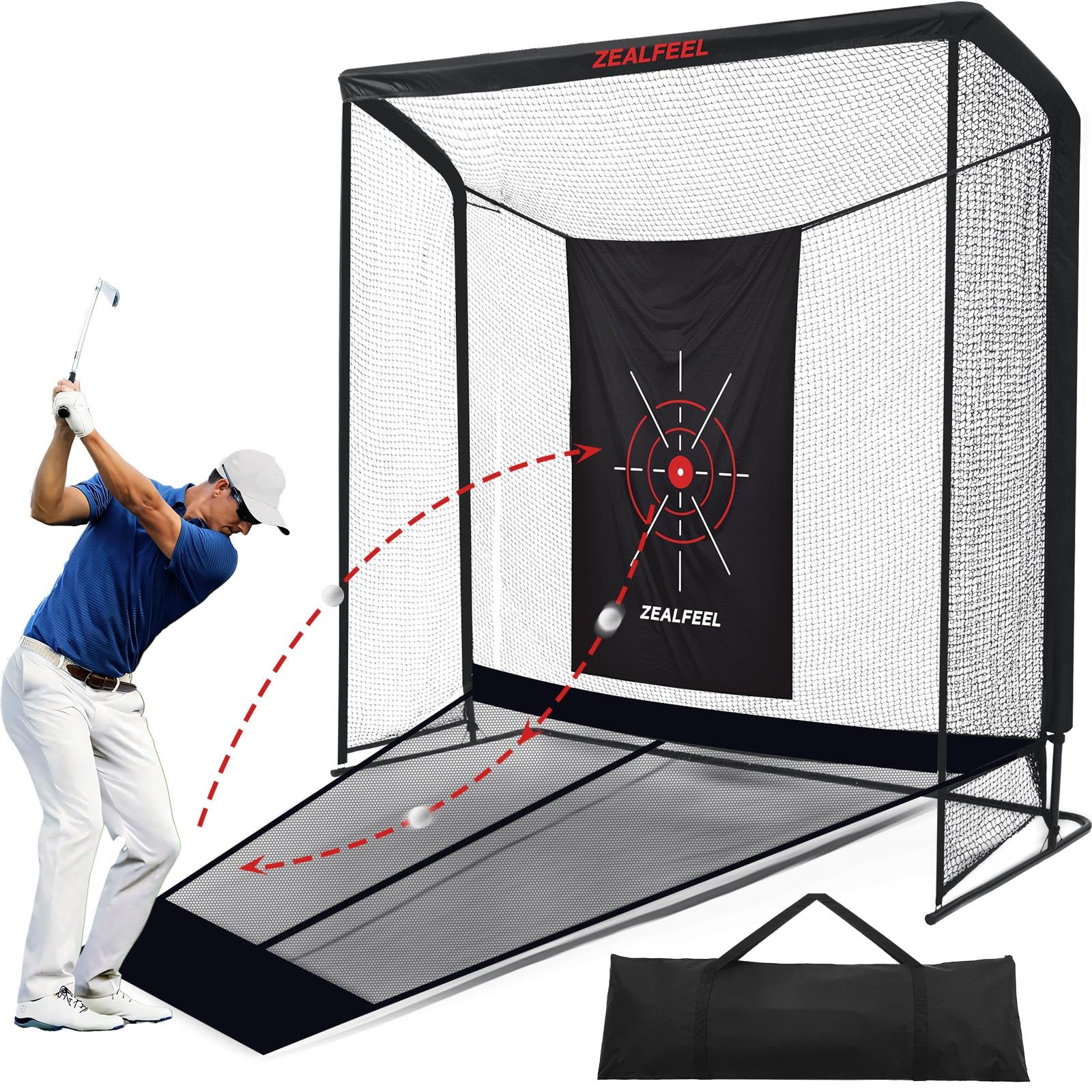 Golf Net, 10x7ft/8x8ft Golf Enclosure Net with Side Barriers/Auto-Ball Return, Low-Noise Target, Carry Bag, 4 Stakes, Hitting Practice Net for Backyard Driving Chipping Indoor Outdoor Use