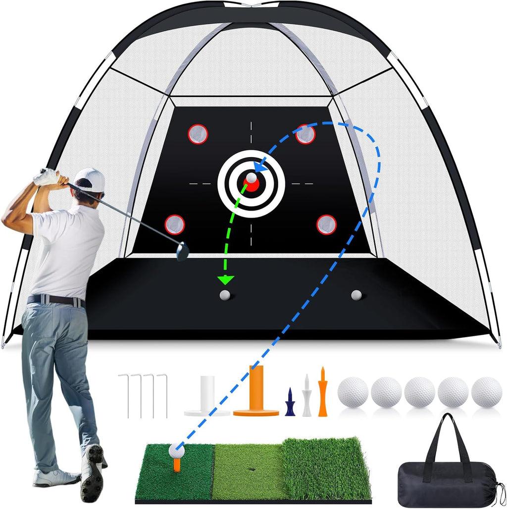 MoKo Golf Net with Practice Mat, 10 x 7 ft Golf Hitting Net for Outdoor Indoor Backyard Driving Chipping Swing Training, All-in-One Multi-Target Training Aid Practice Nets with Tri-Turf Mat