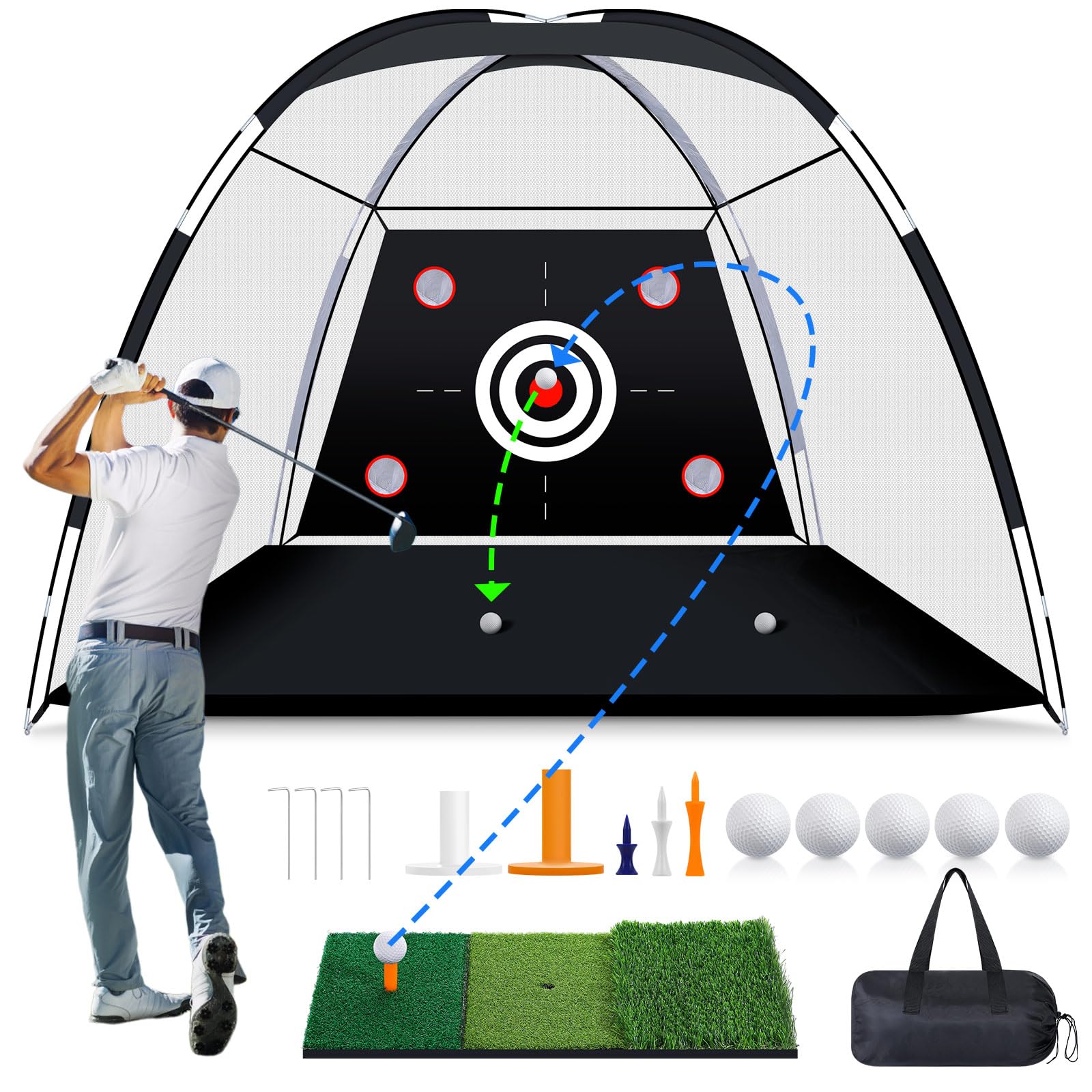 MoKo Golf Net with Practice Mat, 10 x 7 ft Golf Hitting Net for Outdoor Indoor Backyard Driving Chipping Swing Training, All-in-One Multi-Target Training Aid Practice Nets with Tri-Turf Mat