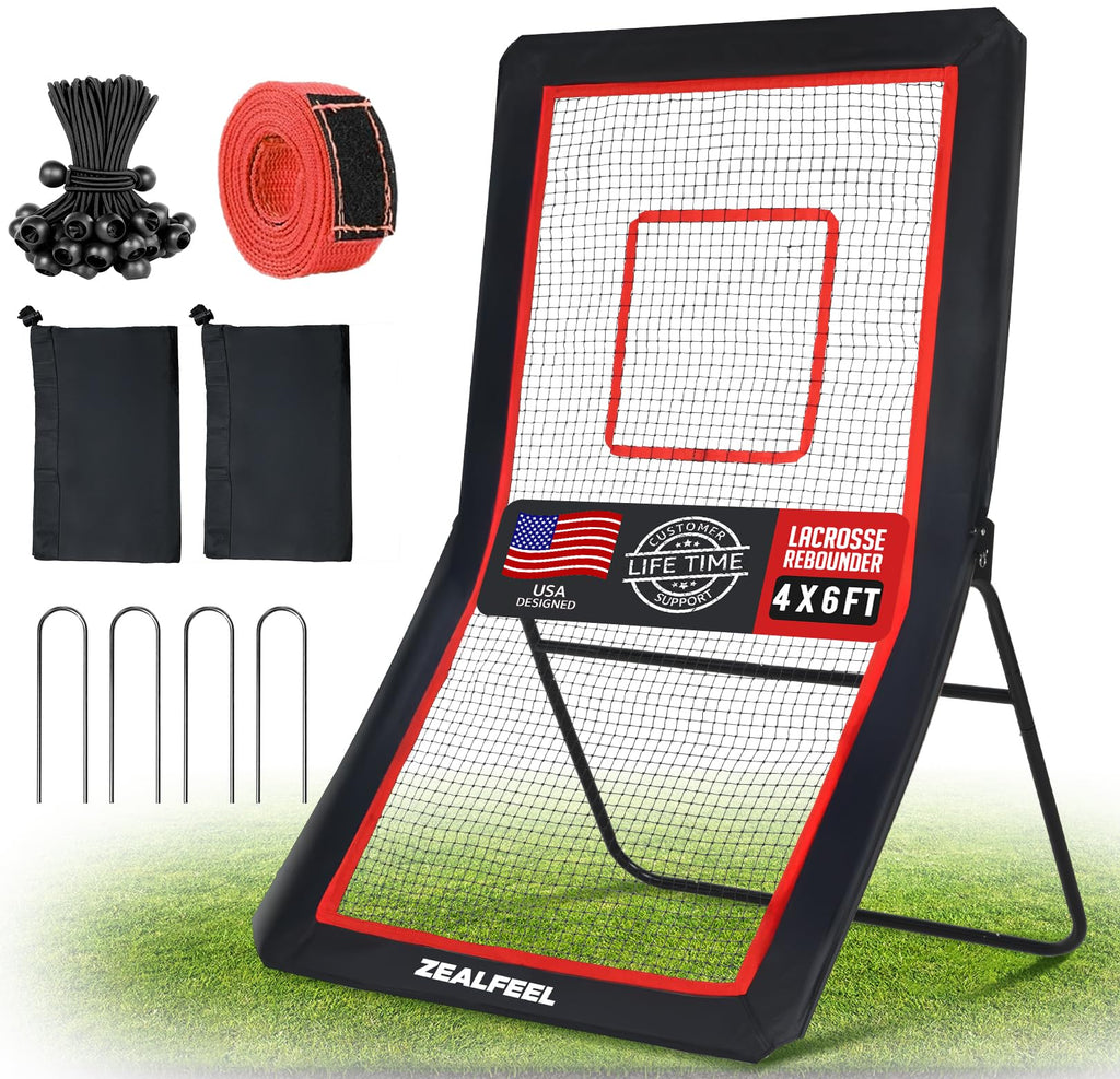 Lacrosse Rebounder, 4x7FT/4x6FT Lacrosse Rebound for Backyard with 5 Rebound Angles, Target Strip, Bounce Back Net Perfect for Lax Baseball Volleyball & Soccer Practice