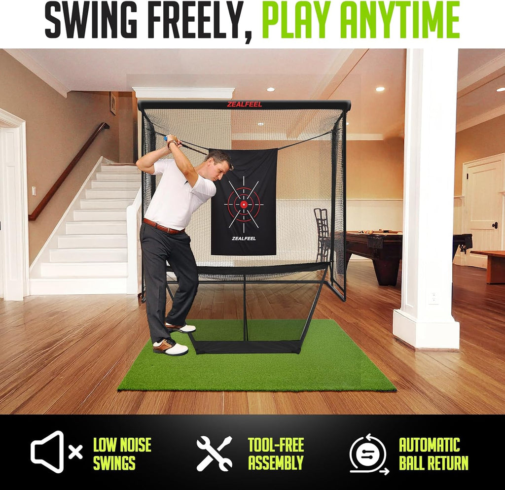 Golf Net, 10x7ft/8x8ft Golf Enclosure Net with Side Barriers/Auto-Ball Return, Low-Noise Target, Carry Bag, 4 Stakes, Hitting Practice Net for Backyard Driving Chipping Indoor Outdoor Use
