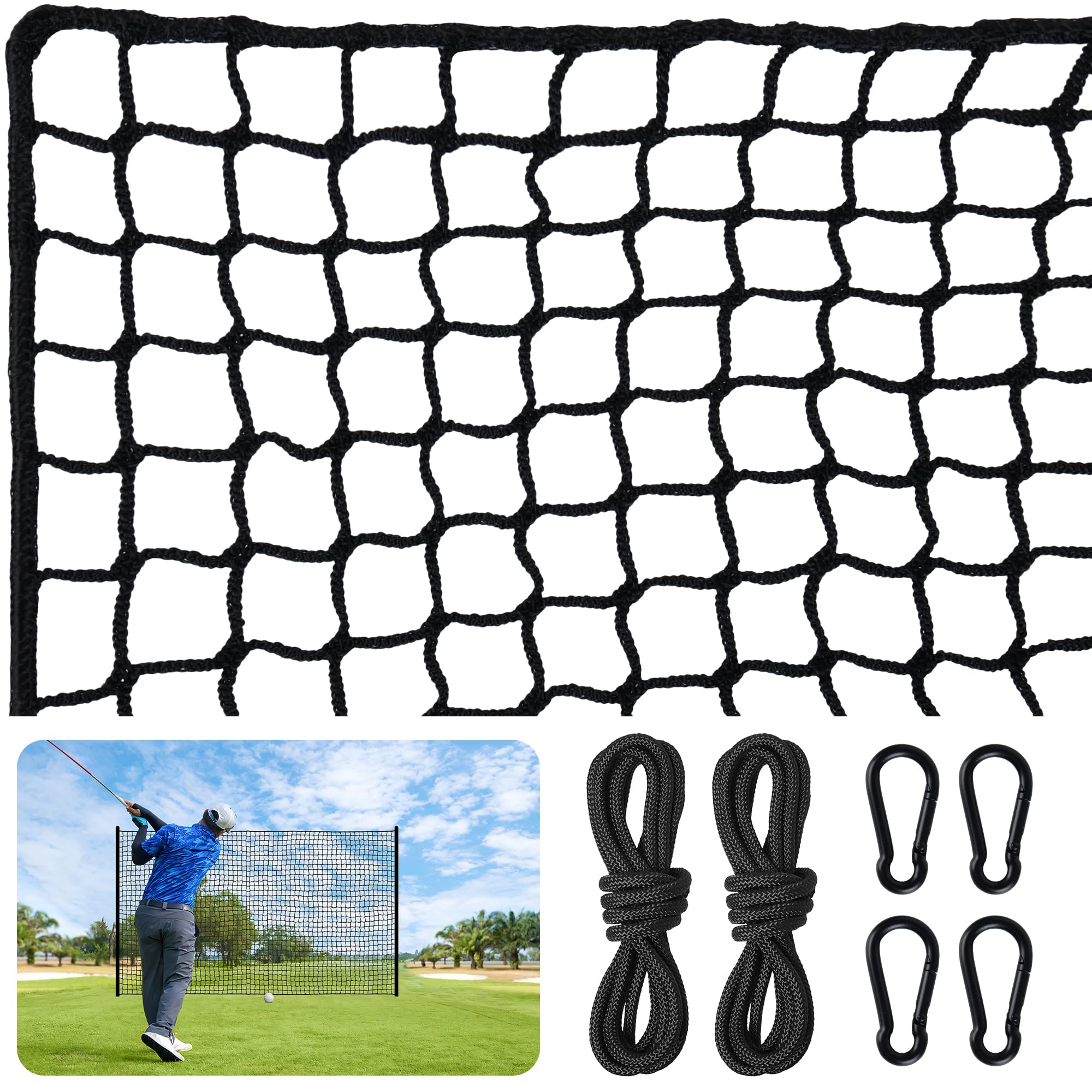 Nylon Golf Net 10-50ft - Practice Hitting Net With Rope and Carabiners, Durable Weatherproof Barrier for Baseball, Hockey, Soccer