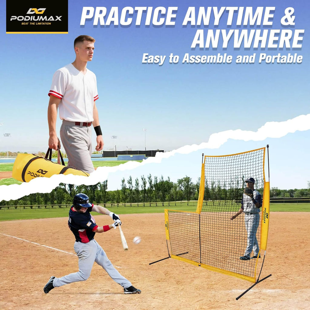 PodiuMax Baseball Softball Pitching Screen, 7x7FT Pitcher Protection Net with Upgrade Frame, Baseball Batting Pitching Net for Backyard Field Outdoor, Line Drive Protective L-Screen with Carry Bag