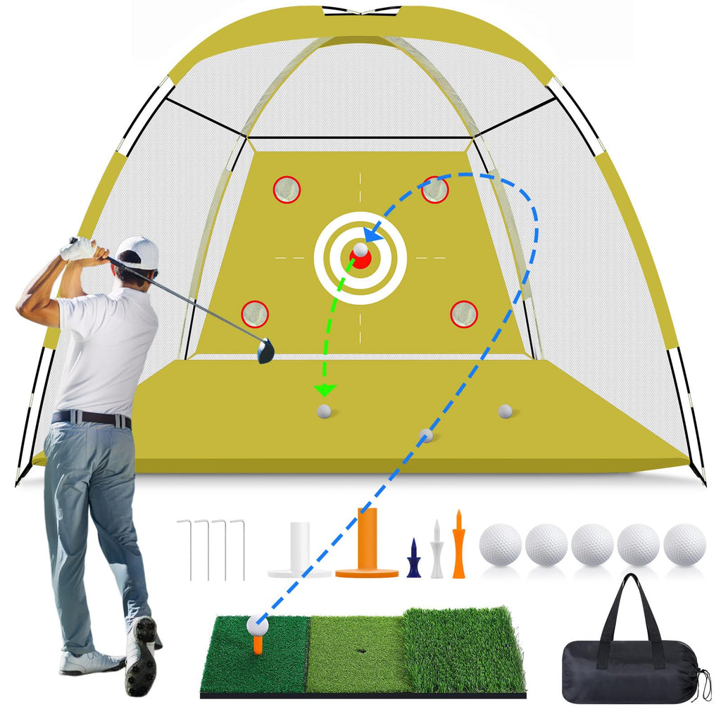 MoKo Golf Net with Practice Mat, 10 x 7 ft Golf Hitting Net for Outdoor Indoor Backyard Driving Chipping Swing Training, All-in-One Multi-Target Training Aid Practice Nets with Tri-Turf Mat