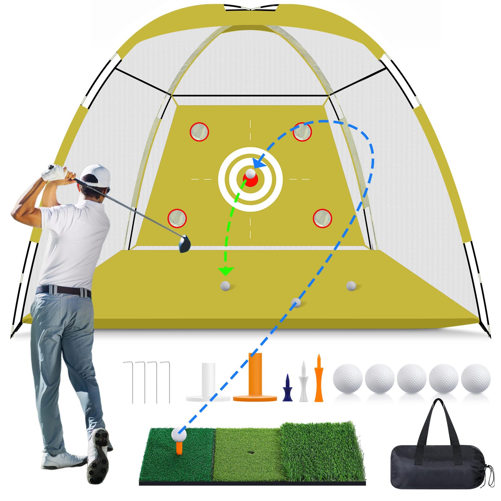 MoKo Golf Net with Practice Mat, 10 x 7 ft Golf Hitting Net for Outdoor Indoor Backyard Driving Chipping Swing Training, All-in-One Multi-Target Training Aid Practice Nets with Tri-Turf Mat