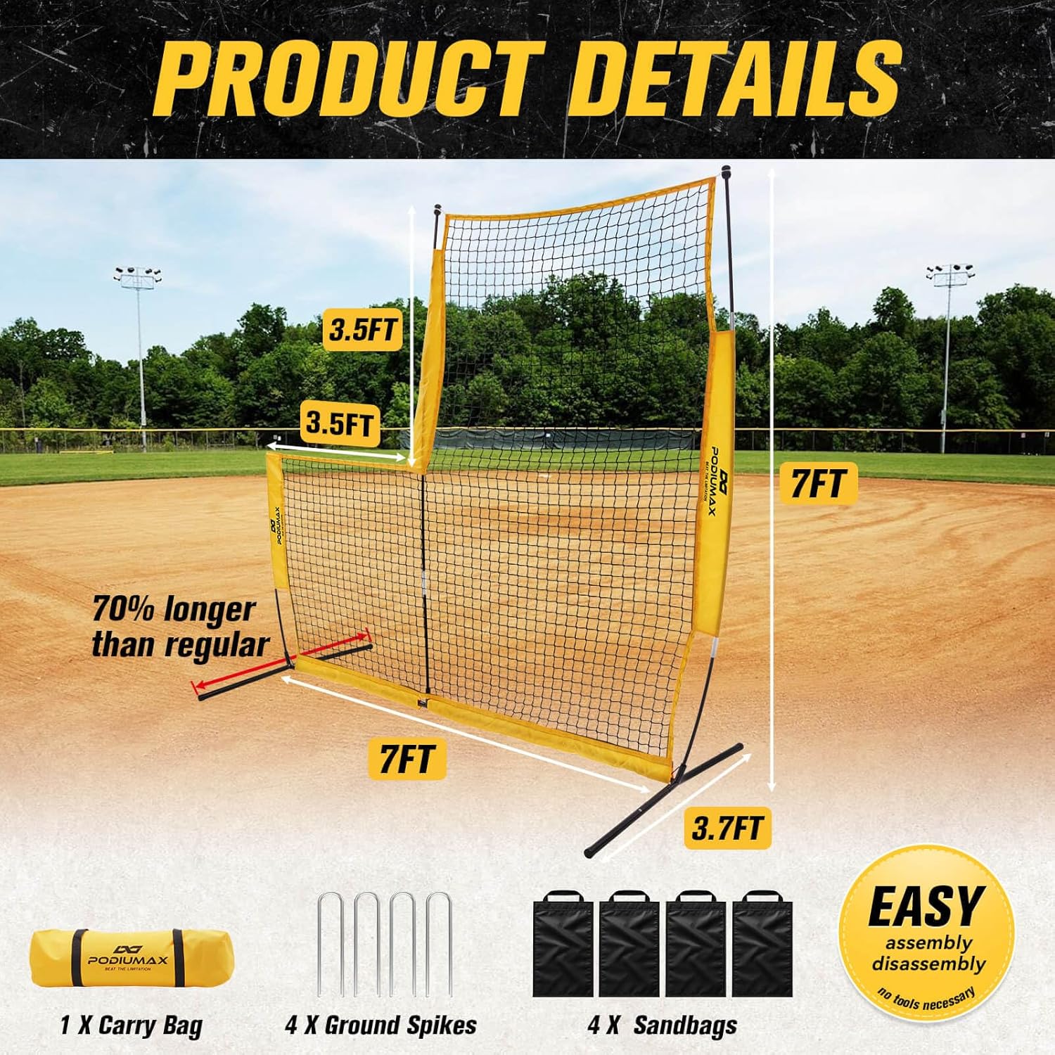 PodiuMax Baseball Softball Pitching Screen, 7x7FT Pitcher Protection Net with Upgrade Frame, Baseball Batting Pitching Net for Backyard Field Outdoor, Line Drive Protective L-Screen with Carry Bag